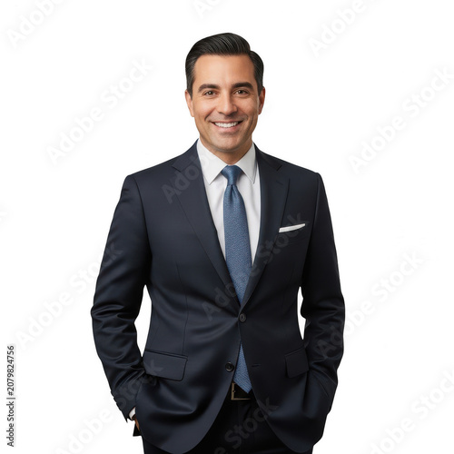 Confident businessman in a dark blue suit smiling isolated on transparent background