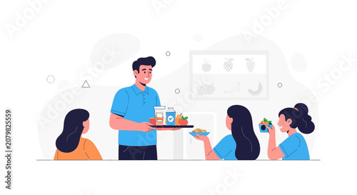Nutritionist serving healthy food options and supplements to people in a modern clinic or wellness center.