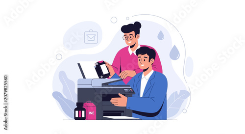 Office teamwork: colleagues installing printer ink cartridge and scanning documents, collaboration concept