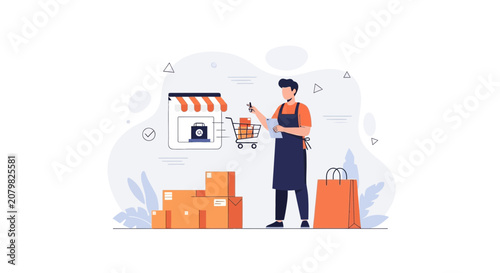 Online Store Employee Checking Inventory with Shopping Cart and Boxes, E-commerce Logistics