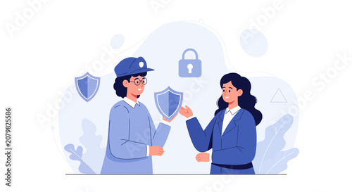 Security guard offers shield protection to businesswoman, symbolizing data security, insurance, and safety.