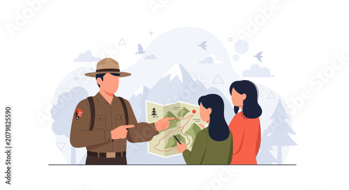 Park Ranger Explains Map to Tourists in Mountain Landscape, Vector Illustration