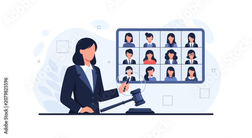 Online Court Hearing: Female Judge Presiding Over Remote Video Conference with Participants