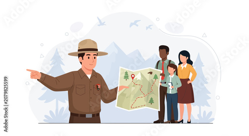 Park Ranger Guides Family on Mountain Trail Using Map in Scenic Nature Landscape