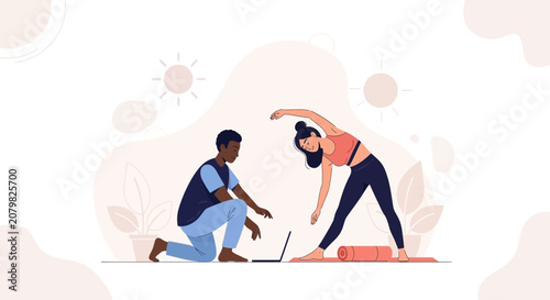 Personal Trainer Guiding Woman Through Yoga Pose with Laptop and Sun Illustration