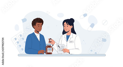 Pharmacist Consults Patient, Dispensing Medication from Pharmacy Counter
