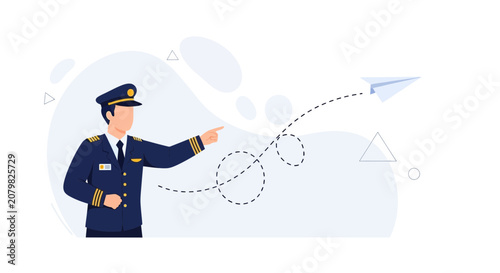 Pilot directing paper airplane, representing aviation, travel, dreams, and ambition in a modern vector illustration style.
