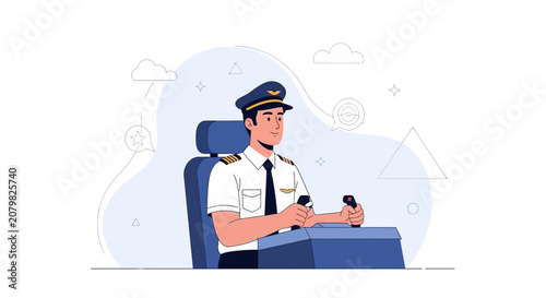 Pilot in Cockpit Flying Aircraft with Controls - Vector Illustration