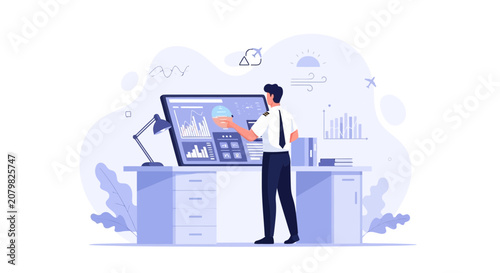 Pilot Analyzing Flight Data on Digital Dashboard, Aviation Technology Concept