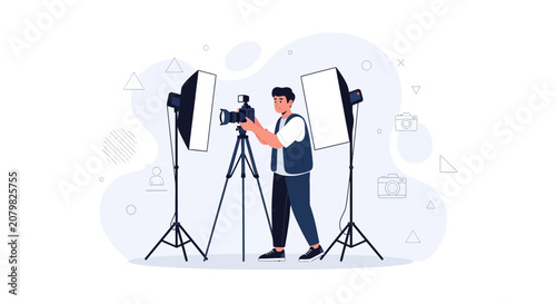 Photographer with Camera and Studio Lights, Vector Illustration