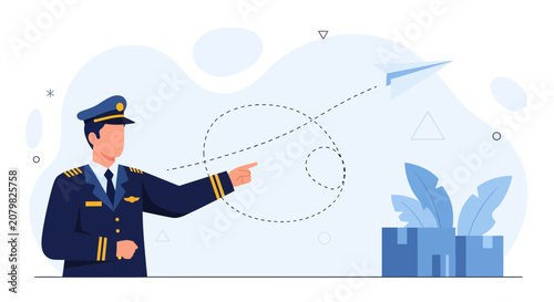 Pilot Directs Paper Airplane Path Over Shipping Boxes, Concept of Logistics and Aviation