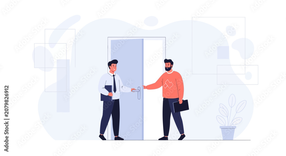 Obraz premium Two businessmen opening a door, modern vector illustration for business and teamwork concepts.