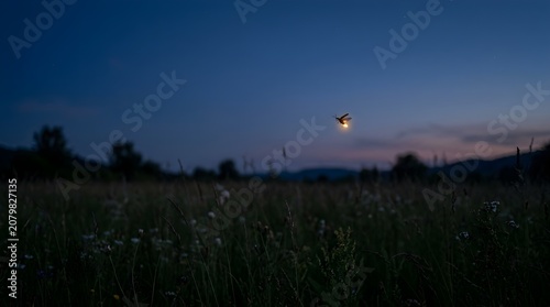 Firefly Glowing and Hovering Above a Dark Meadow at Dusk