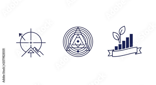 Three minimalist icons representing growth and progress.