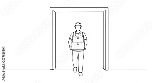 Delivery person holding a package at doorway.