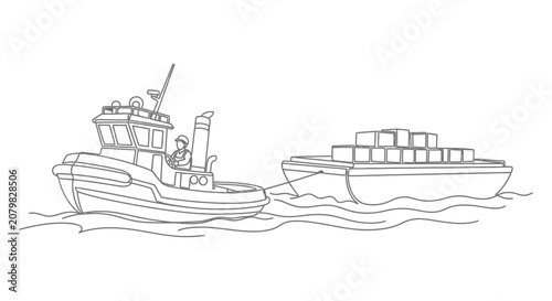 Tugboat towing large cargo ship at sea.
