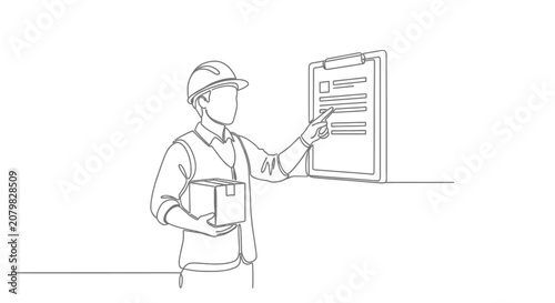 Construction worker holding clipboard with documents.