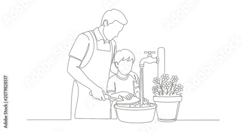 Father and child gardening together at home.