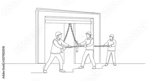 Three people pulling a large curtain together.