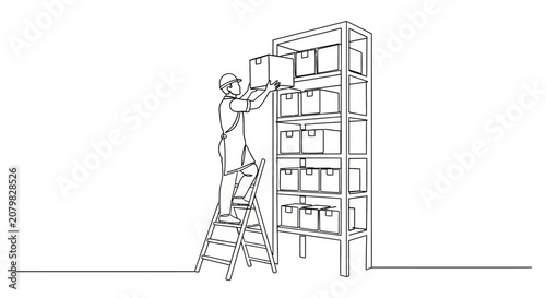 Person organizing boxes on tall metal shelving unit.