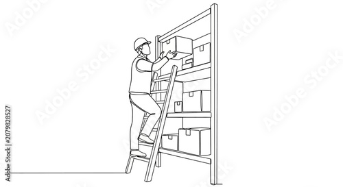 Worker climbing ladder to reach high shelf.