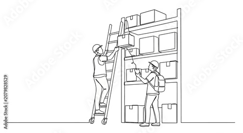 Construction workers assembling wall with ladder and tools.