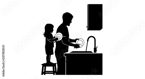 Parent and child washing hands together at sink.