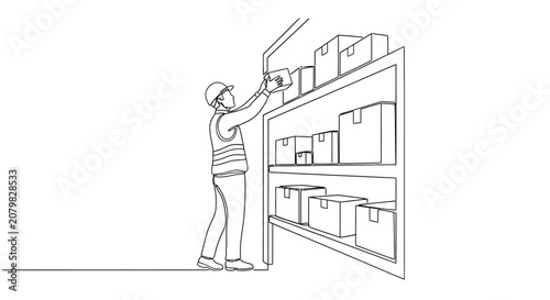 Worker organizing boxes on warehouse shelving unit.