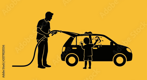 Father and child washing car together outdoors.