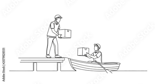 Man handing box to person in boat illustration.
