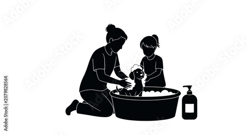 Mother and child bathing a dog in a tub.