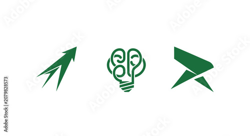 Green Arrow Lightbulb and Paper Plane Icons Set.