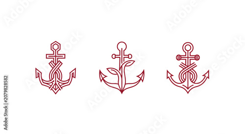 Three Intricate Red Anchor Line Art Illustrations.