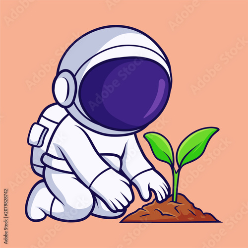Cute Astronaut Planting Seedling Cartoon Vector Illustration Encouraging Environmental Restoration and a Sustainable Future