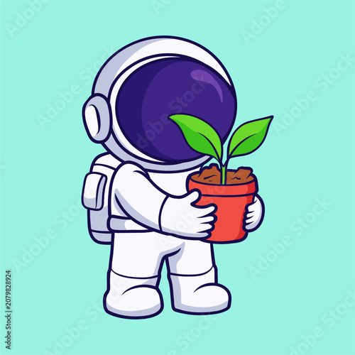 Cute Astronaut Holding Young Plant in Pot Cartoon Vector Illustration for Sustainability and Environmental Care