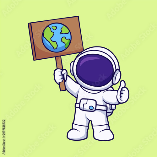 Cute Astronaut Holding Save Earth Sign Cartoon Vector Illustration for Environmental Awareness and Sustainability Campaign