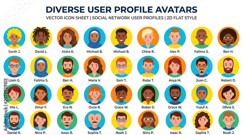 Diverse User Profile Avatars, Vector Icons, Social Network, 2D Flat Style