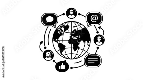 Global Communication Network: World Globe with Social Media Icons and Connections