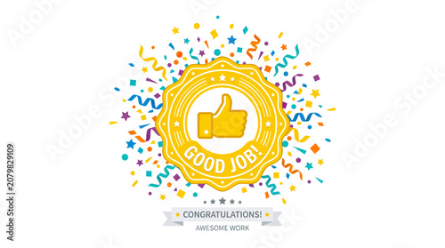 Good Job Thumbs Up Badge with Confetti and Ribbon
