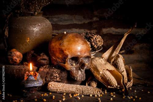 Human skull and candle with on wooden floor and old dirty wall background, and vase flower,and glass,and bottle of wine, still life concep