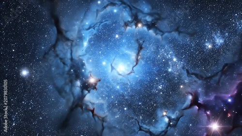Vibrant blue nebula with luminous gas filaments and starry background