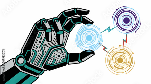 Cuadro en lienzo Flat Vector Illustration of Robotic Hand Manipulating Holographic Data Spheres,