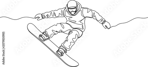 Fotografía Continuous line drawing of a snowboarder mid-air jump, dynamic winter sport