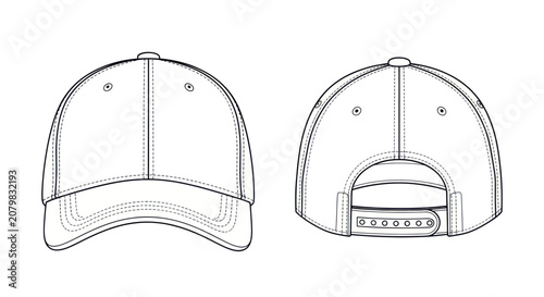 Quadro em tela Baseball cap technical sketch showing front and back views