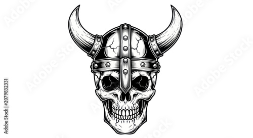 Canvastavla Warrior skull wearing a horned viking helmet in black and white