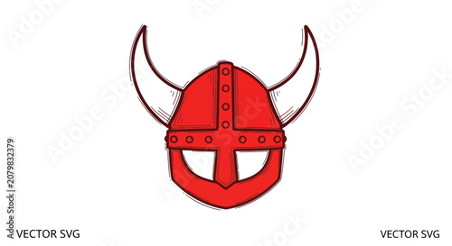 Фотография Red viking helmet with large horns in a hand-drawn style