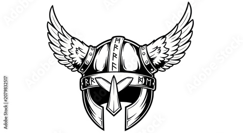 Tableau sur toile Winged viking helmet with norse runes in black and white line art