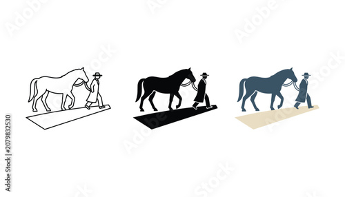 Quadro su tela Person leading horse by rein walking on path shown as line art solid black silho