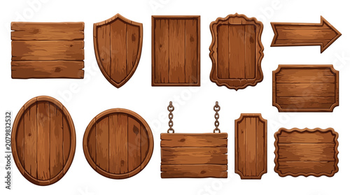 Rustic wooden signs collection, vintage wood planks and hanging boards vector set, brown timber frames and blank directional arrow for game UI