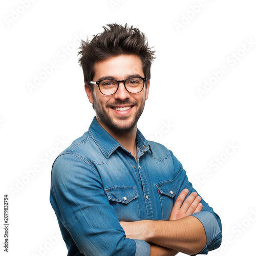 Happy young man wearing denim shirt and glasses smiling isolated on transparent background
